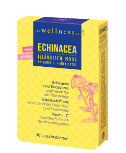 Produktverpackung von Echinacea Lutschtabletten mit isländischem Moss und Vitamin C