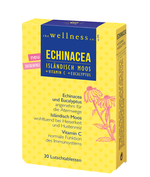 Produktverpackung von Echinacea Lutschtabletten mit isländischem Moss und Vitamin C
