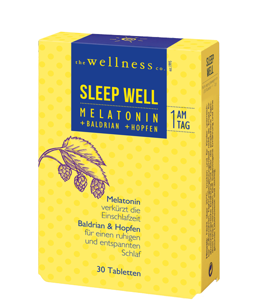 Produktverpackung von Sleep Well Tabletten mit Melatonin, Baldrian & Hopfen